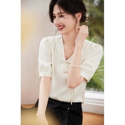 3S V领盘扣衬衫女2024夏季新中式国风设计感小众衬衣气质雪纺衫