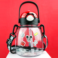 迪士尼儿童水杯大容量夏季塑料喝水壶男女大肚杯1000ML带背带米奇 大容量黑红色 1000ml