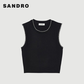 SANDRO2024春夏女装法式白珠饰边黑色套头针织马甲SFPPU02232 黑色 1