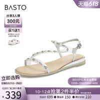 BASTO 百思图 2024夏商场新款珍珠条带休闲坡跟一字带女平底凉鞋RWZ31BL4