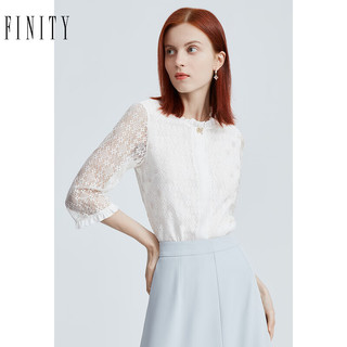 菲妮迪品牌雪纺衫春季白色镂空设计感圆领时尚蕾丝上衣女 白色 S