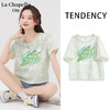La Chapelle City 100%纯棉短款T恤女夏季2024年新款薄荷波漫风扎染上衣 水绿-绿色箭头 L