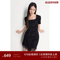 欧时力法式方领连衣裙21夏装小黑裙拼接通勤 黑色 L