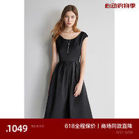 欧时力 丝光小黑裙2024新夏气质显瘦复古短袖连衣裙 黑色 XS