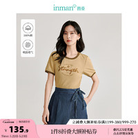 茵曼（INMAN）纯棉美式T恤2024夏季女装刺绣印花撞色圆领短袖显瘦上衣 咖色 L
