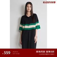 ochirly欧时力 学院风polo领短袖针织连衣裙2024夏装条纹透气 黑色 L