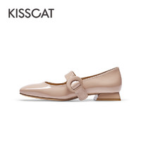 KISSCAT 接吻猫 春季新款复古舒适宽带玛丽珍低跟鞋质感芭蕾方头粗跟单鞋女