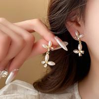 Trendolla 银针法式气质镶钻珍珠双蝴蝶耳钉复古设计感耳环时尚感耳饰女 银针-金色-蝴蝶