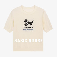 Basic House/百家好春夏潮流卡通小狗印花宽松针织衫短袖女夏薄款2024 麻米白 XL125-140斤