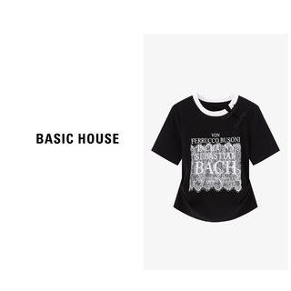 Basic House/百家好白色时尚百搭夏季印花设计师T恤-B0624H5V152 黑色 XL120-135斤