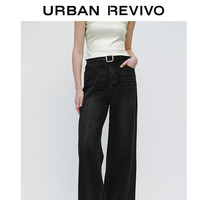 URBAN REVIVO 女装时尚高街复古水洗腰带牛仔长裤UWJ840056 正黑 26