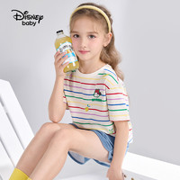 Disney baby 迪士尼童装女童纯棉多彩条纹短袖T恤儿童夏装洋气半袖2024新款