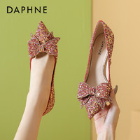 DAPHNE 达芙妮 红色蝴蝶结新娘鞋婚鞋结婚鞋子尖头细跟高跟鞋气质伴娘鞋