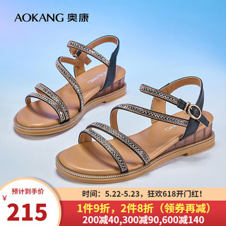 奥康（Aokang）女鞋 2024夏季舒适坡跟厚底凉鞋优雅气质水钻一字带 1244821028黑色 35