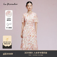 拉珂蒂（La Koradior）2024夏款法式V领印花真丝连衣裙 淡红 M