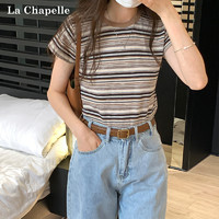 88VIP：La Chapelle 2024春季新款条纹短袖T恤女圆领正肩修身显瘦百搭ins上衣