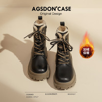 Agsdon 奧古獅登 雪地靴女款2024新款冬季加絨加厚保暖黑色馬丁靴厚底短靴牛皮棉鞋