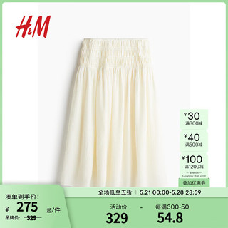 H&M女装半身裙2024夏高腰腰部缩褶绉织半身裙1237076 白色 155/64 XS