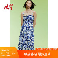 H&M女装2024夏季休闲舒适上身缩褶连衣裙长裙1221999 白色/蓝色花卉 165/96A