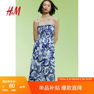 移动端、京东百亿补贴：H&M 女装2024夏季休闲舒适上身缩褶连衣裙长裙1221999 白色/蓝色花卉