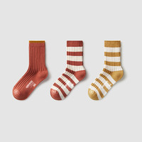 蕉内3系儿童袜子精梳棉柔软透气抗菌男女童罗纹中筒袜四季可穿3双装 棕红+棕红条纹+土黄条纹 24-28码