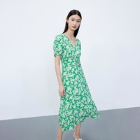 LILY商务时尚 薄荷曼波24春新款含真丝复古印花泡泡袖垂感连衣裙