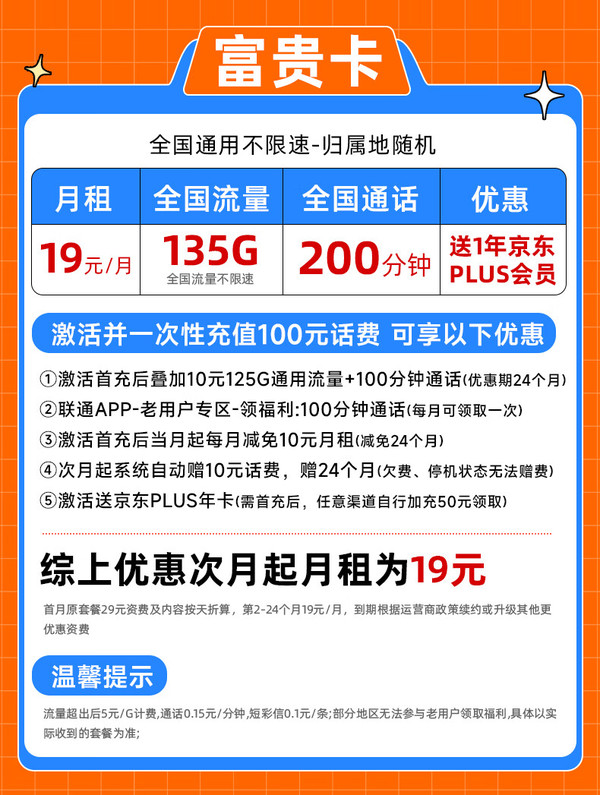China unicom 中国联通 富贵卡 2年19元月租（135G全国流量+200分钟通话）