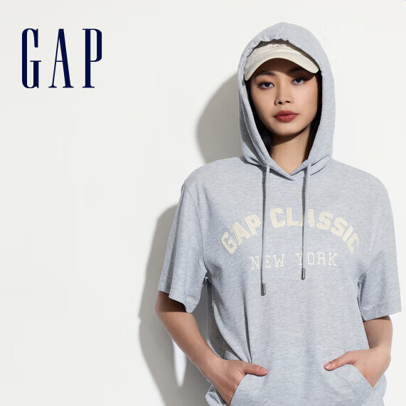 Gap 盖璞 女装贴布绣logo短袖卫衣连帽衫 520594 浅灰色 160/80A