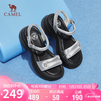 骆驼（CAMEL）一字带凉鞋女时尚珍珠羊皮高跟面包凉鞋 L24M007702 银色 39 