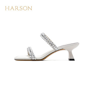 哈森2024夏外穿水钻高跟时装拖鞋女百搭方头一字带凉拖鞋HWM240180 米白色 34