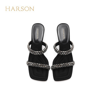 哈森2024夏外穿水钻高跟时装拖鞋女百搭方头一字带凉拖鞋HWM240180 黑色 37