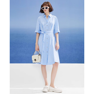 DKNY2024春夏条纹拼缝收腰系带荷叶裙摆衬衫连衣 蓝条纹 L(165/88A)