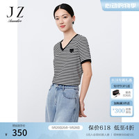 玖姿·安娜蔻休闲简约风条纹撞色钉珠爱心宽松T恤女2024夏季新款 黑白条纹