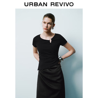 URBAN REVIVO 夏季新款女装时髦小众不规则设计感收褶T恤 UWG440098 正黑 XL