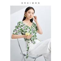 KAXIWEN 佧茜文 时尚衬衫女夏季女装印花气质V领上衣女