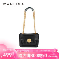 WANLIMA 万里马 设计师新款牛皮斜挎链条软包小方包女 黑色