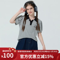 Kappa Kids卡帕泡泡袖女童POLO衫夏装2024童装上衣休闲透气短袖儿童T恤 常规 花灰色 140