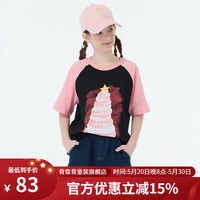 Kappa Kids卡帕女童短袖T恤夏季2024洋气宽松插肩袖夏装甜酷风儿童上衣 薄款 黑色 170