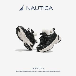 诺帝卡（NAUTICA）童鞋女童冬季加绒棉鞋男童休闲运动鞋冬鞋二棉鞋中大童高帮板鞋子 黑色 28码