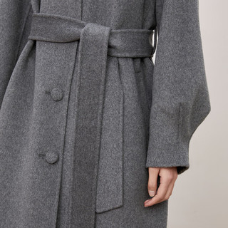 乐町简约双面呢大衣100%羊毛外套冬季系带长款大衣 灰色(） M