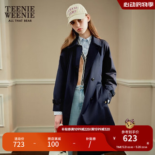 Teenie Weenie小熊春装学院风复古简约时髦风衣长款外套女 藏青色 170/L