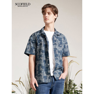 Scofield 男衬衫夏季衬衫棉质印花短袖衬衫透气花衬衫薄 深蓝色 170