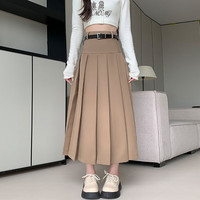 里农半身裙女秋冬百褶裙中长高腰显瘦皮带芭蕾大摆韩版黑色a字裙 卡其 XL（110-125斤）