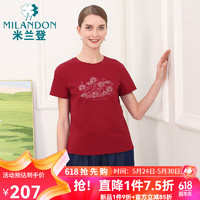 米兰登（MILANDON）2024夏季中老年女装装圆领绣花短袖针织t恤女薄WP2T1143 酒红 M