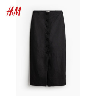H&M女装半身裙2024夏季亚麻透气自然腰时尚气质长裙1226469 黑色 155/60