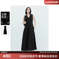 伊芙丽（eifini）伊芙丽挺阔凉感V领收腰优雅连衣裙女2024夏装黑色赫本风裙子 黑色 170/92A/XL