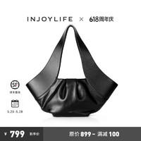INJOYLIFE褶裥系列托特包女2024小众设计单肩包高级感大包包 黑色 小包