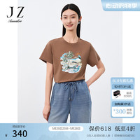 玖姿·安娜蔻美式波普风海滩趣味印花钉珠纯棉T恤女2024夏季 布朗棕 L