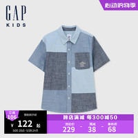 Gap男童2024夏季兰精天丝印花口袋短袖衬衫儿童装上衣466077 蓝色 150cm(12-13岁) 亚洲尺码
