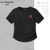 La Chapelle City 拉夏贝尔抽褶正肩紧身短袖T恤女 黑-全码通用